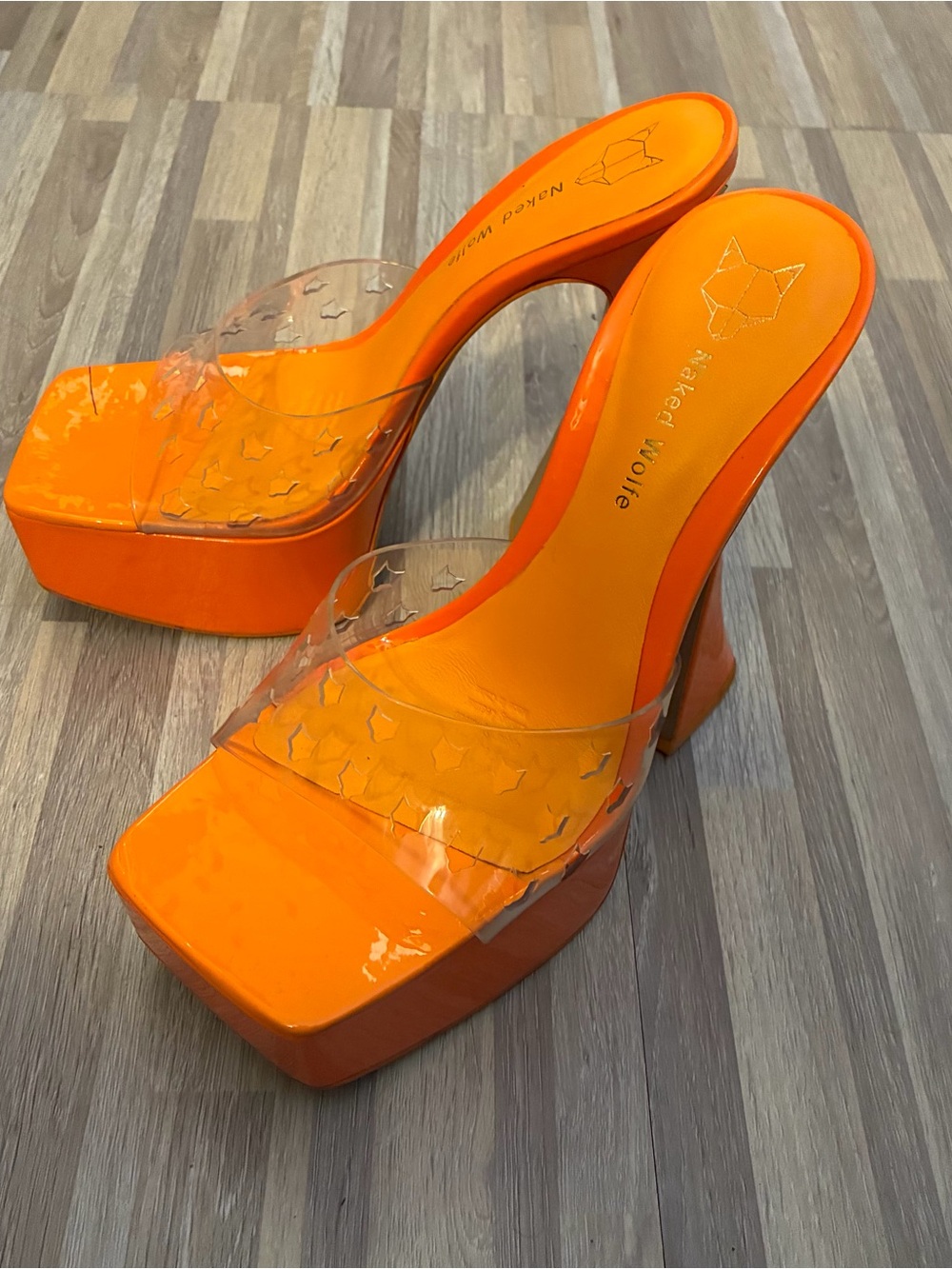 Naked Wolfe Bright Orange Platform Mule with Clear Star Strap